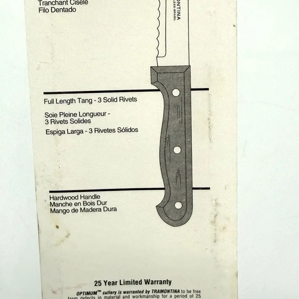 Vintage TRAMONTINA INOX SS Kitchen Utility Knife Wooden Handle 8” Blade BRAZIL